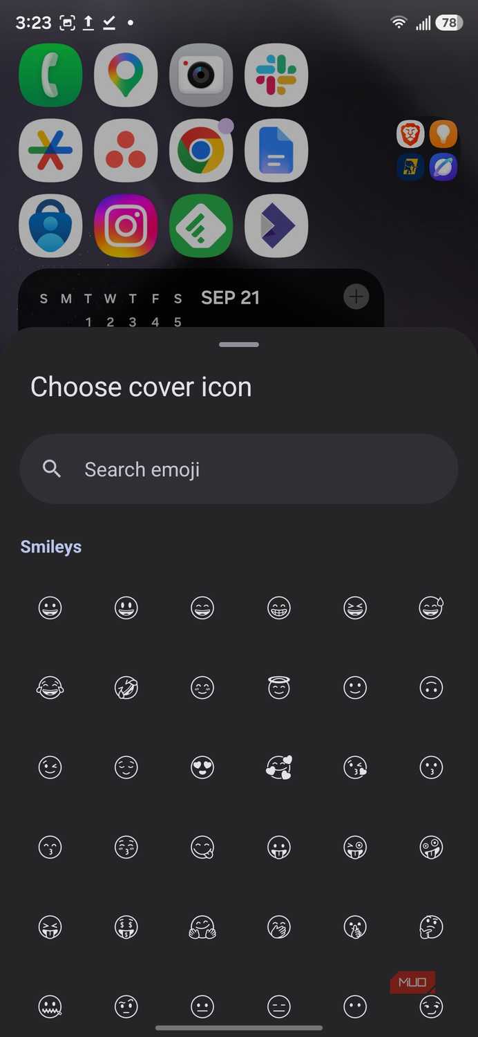Choose cover icon menu with smiley emojis