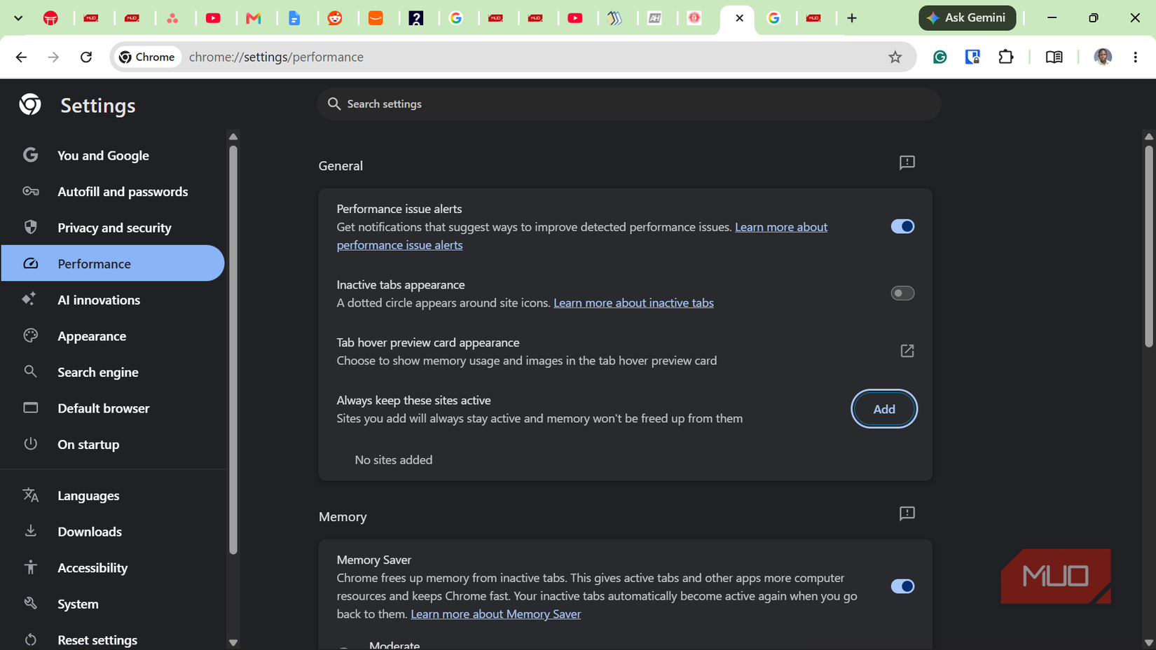 Chrome browser performance settings page in dark mode