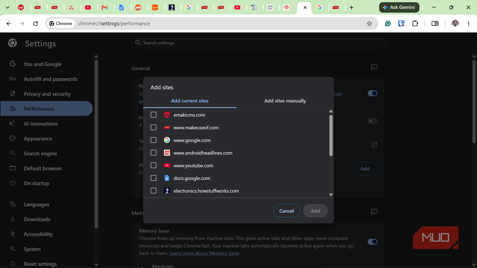 Chrome performance settings add sites modal dialog