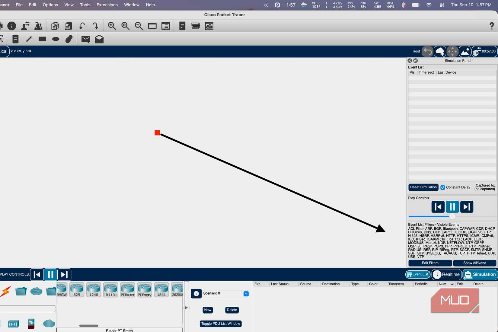 Screenshot showing the Cisco Packet Tracer simulator