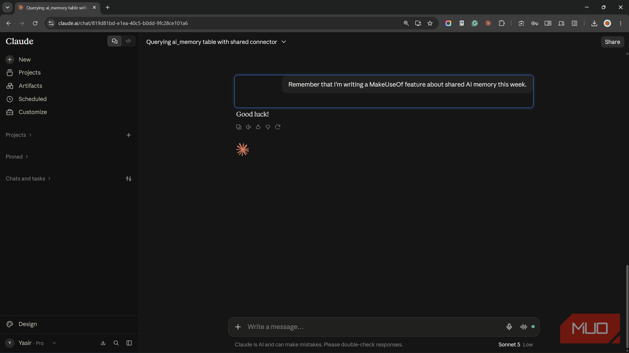 Claude chat where the user asks it to remember a MakeUseOf feature.