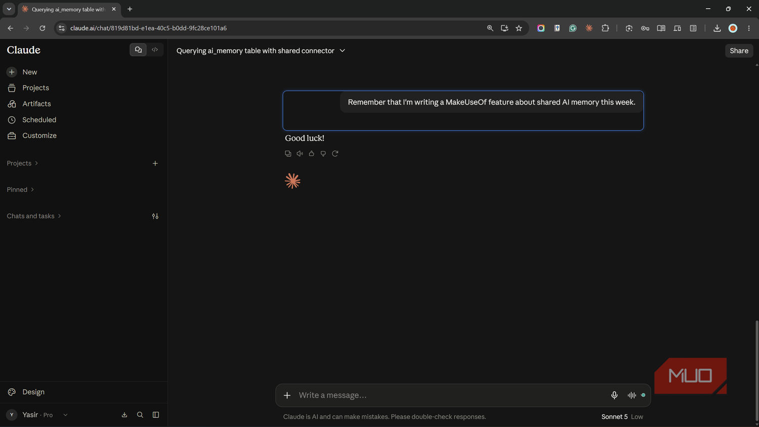 Claude chat where the user asks it to remember a MakeUseOf feature.