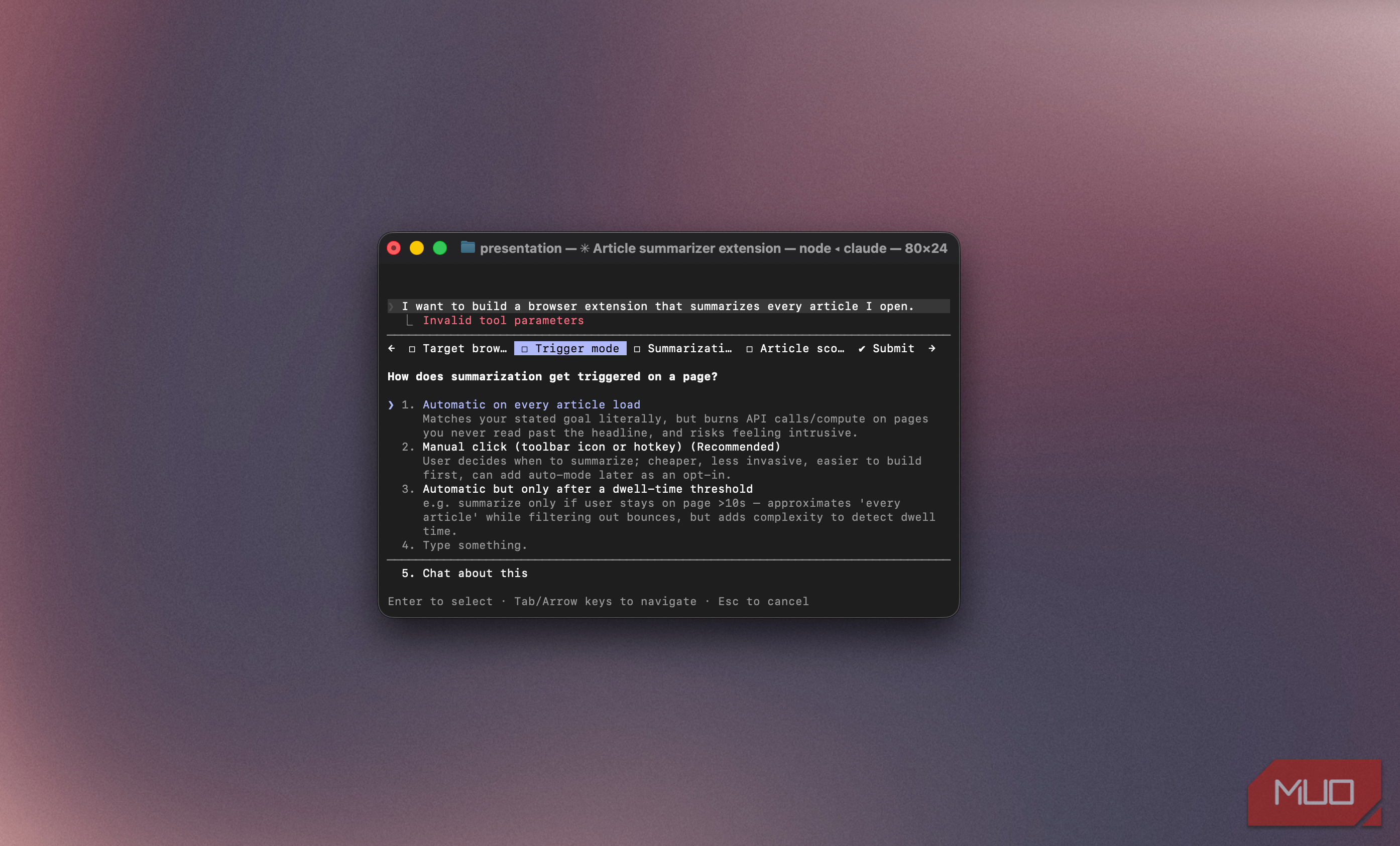 Claude Code form asking how summarization should be triggered for an article summarizer extension