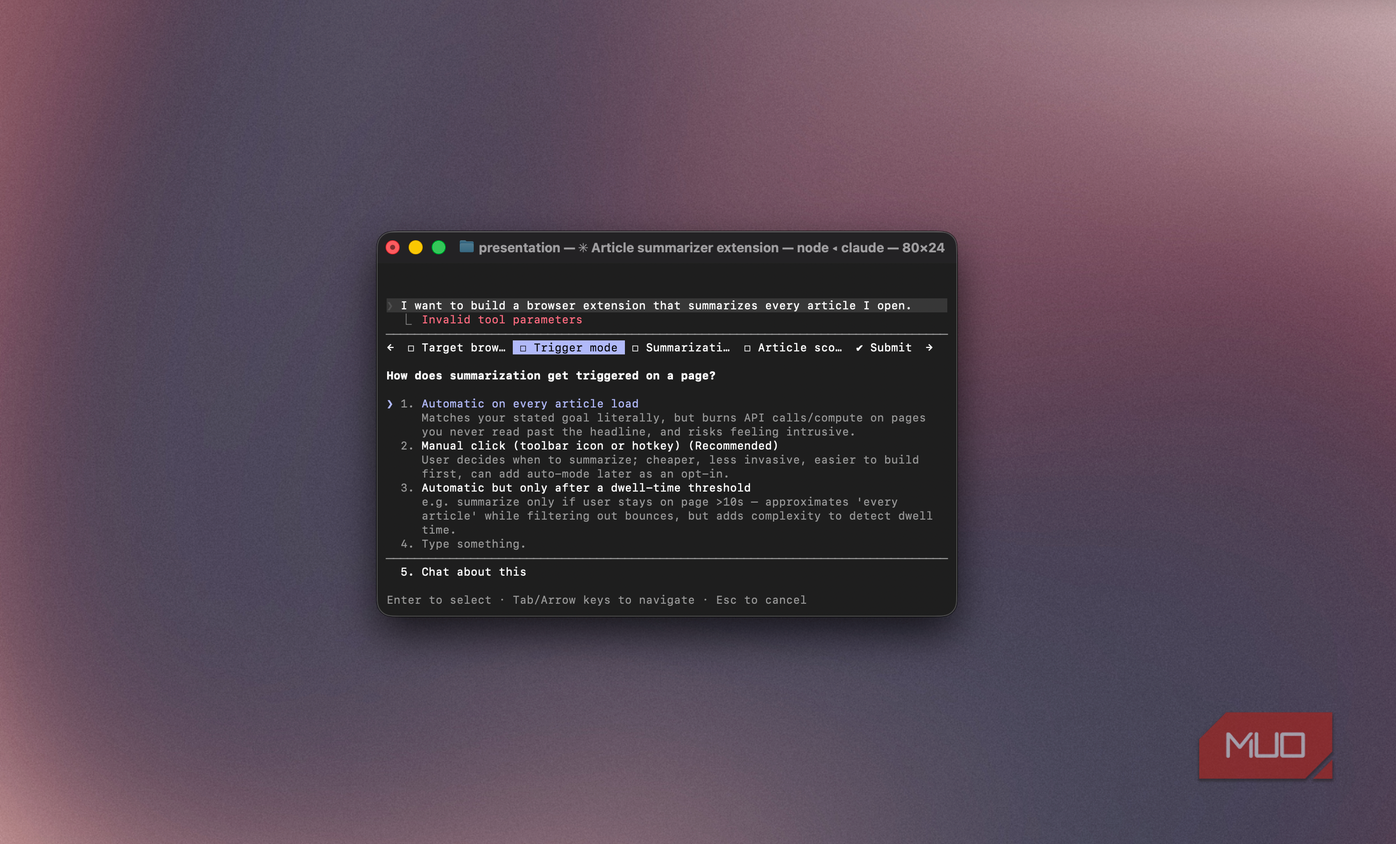 Claude Code form asking how summarization should be triggered for an article summarizer extension