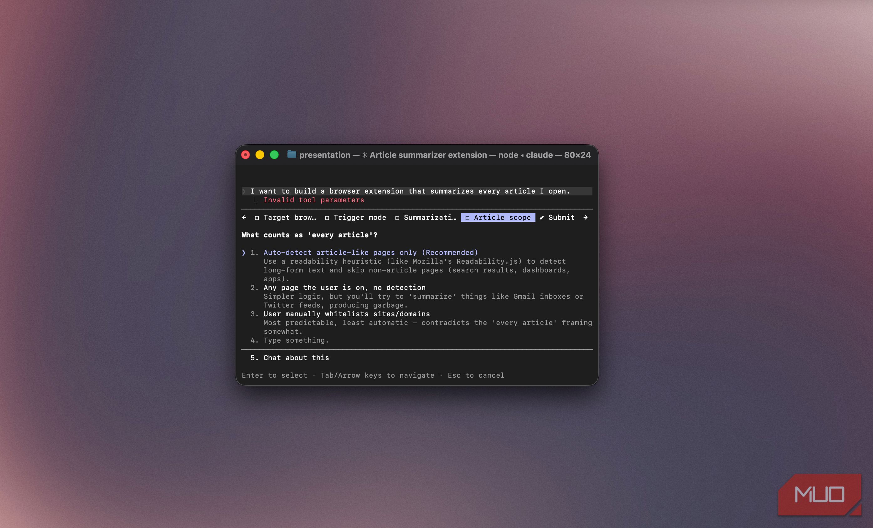 Claude Code form asking what counts as every article for an article summarizer extension