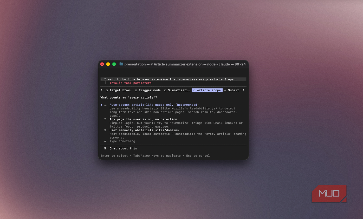 Claude Code form asking what counts as every article for an article summarizer extension