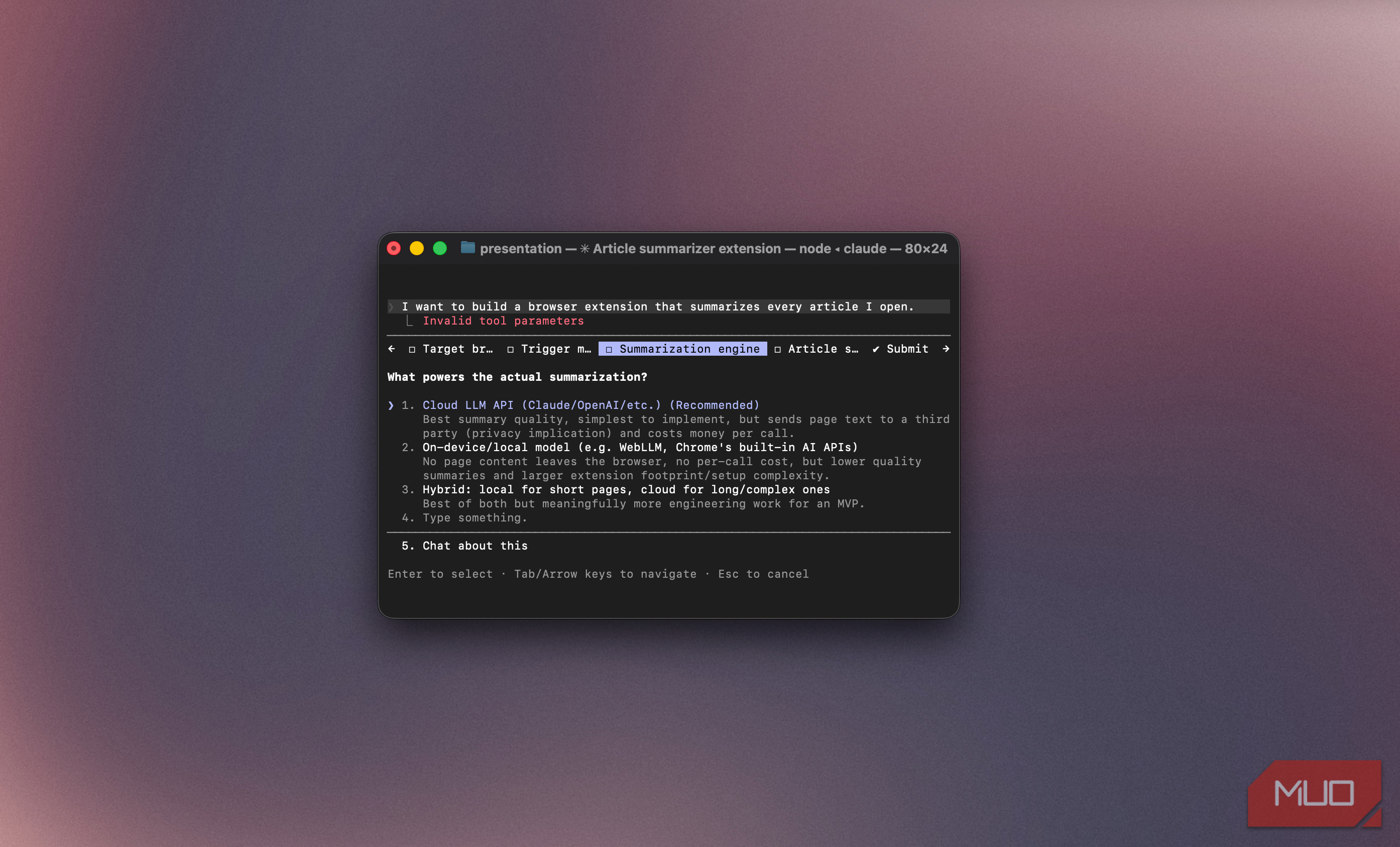 Claude Code form asking what should power the summarization engine