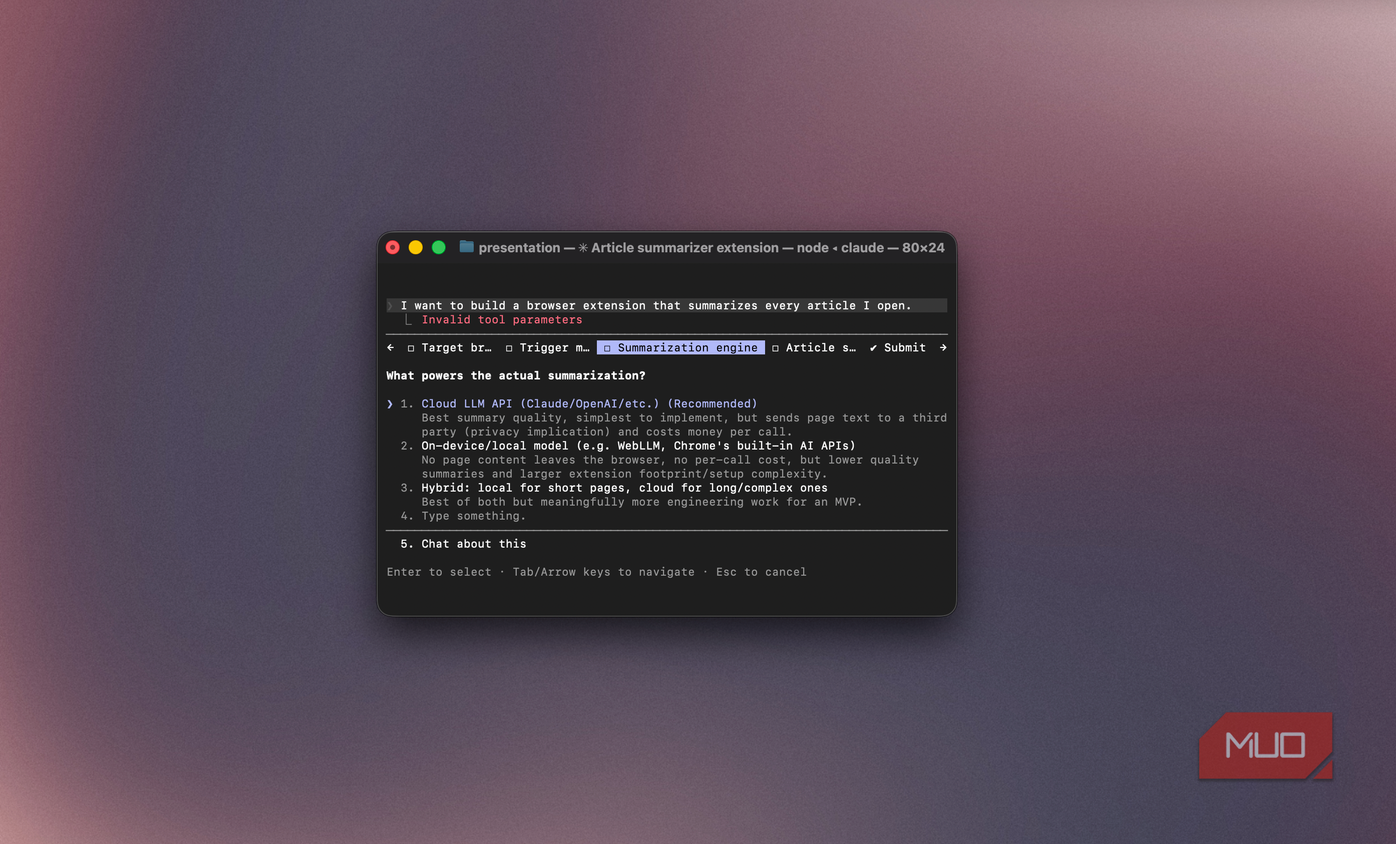 Claude Code form asking what should power the summarization engine