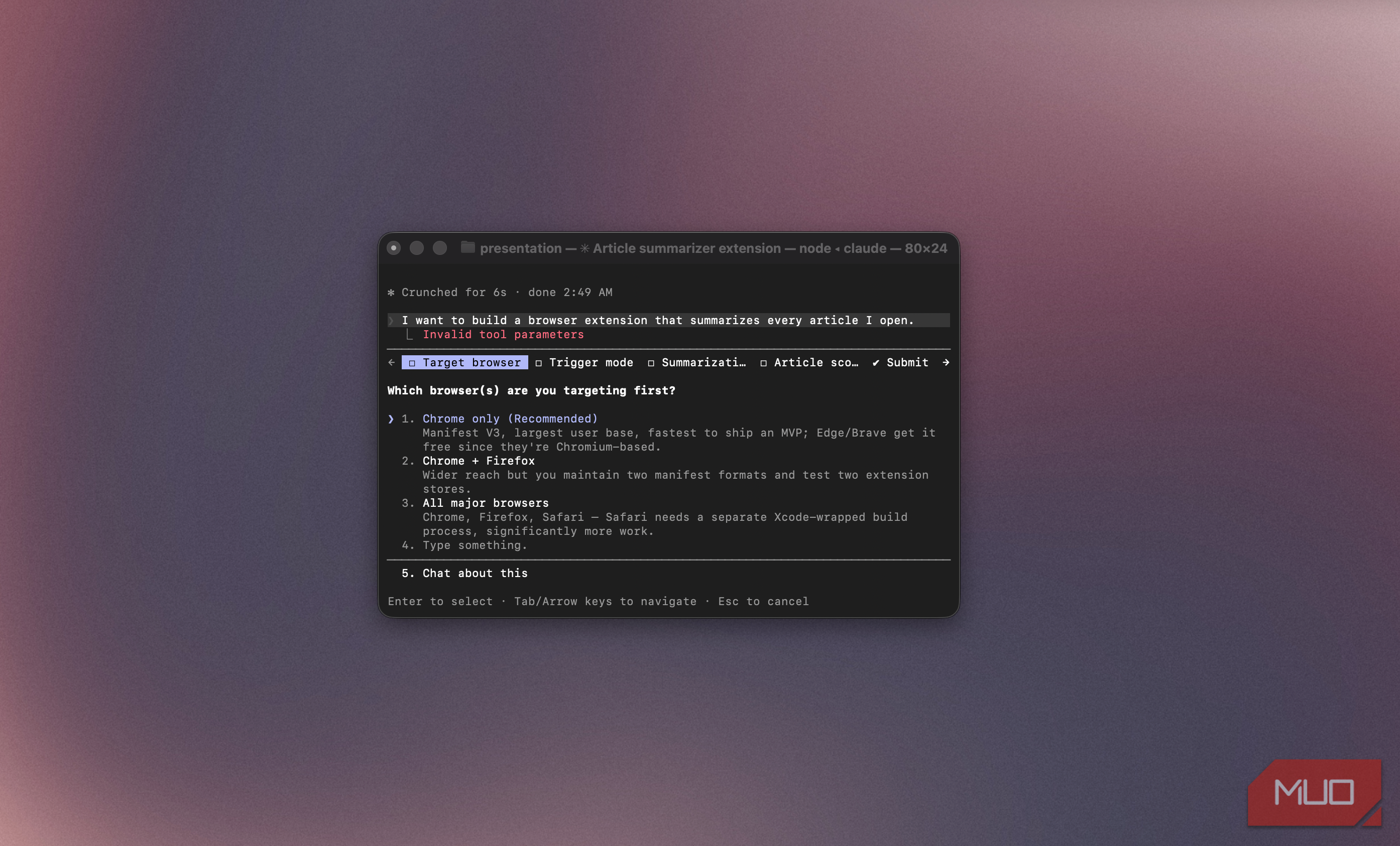 Claude Code form asking which browser to target first for an article summarizer extension