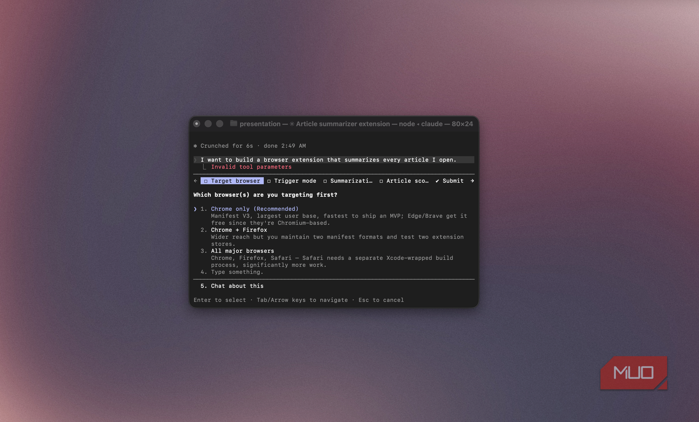 Claude Code form asking which browser to target first for an article summarizer extension