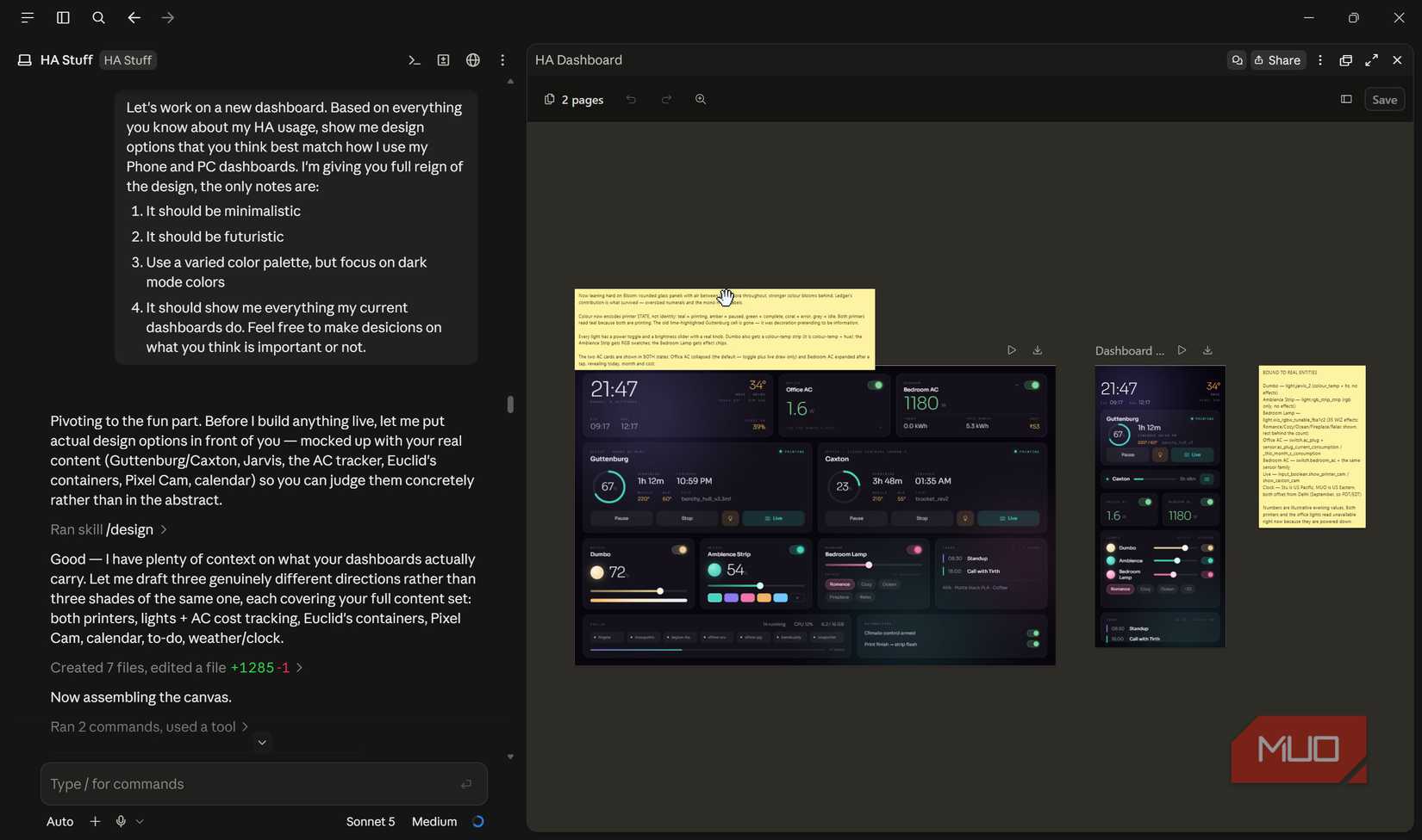 Claude code generating a dashboard for home assistant.