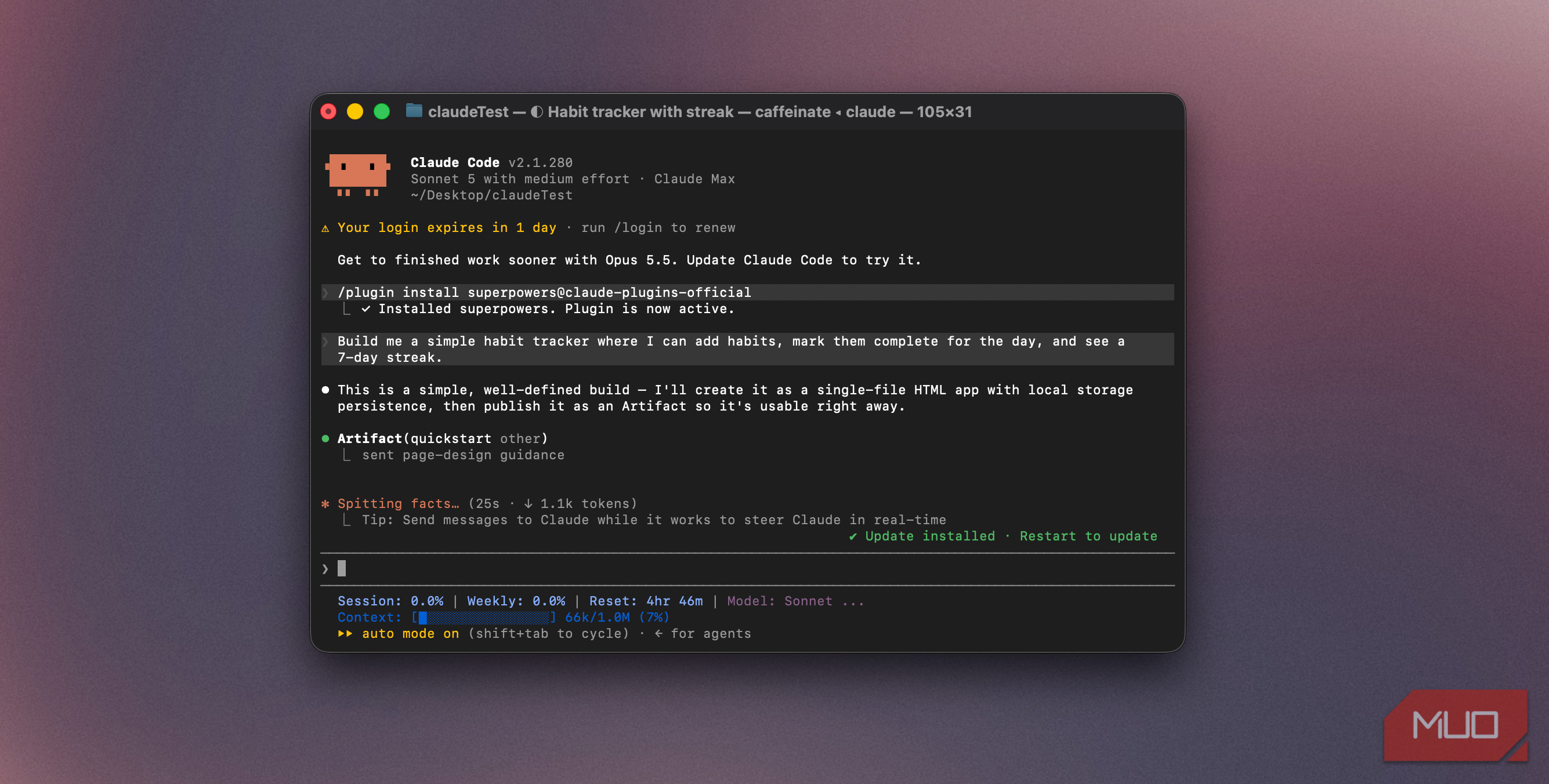 Claude Code terminal after installing the superpowers plugin, starting the habit tracker build-1