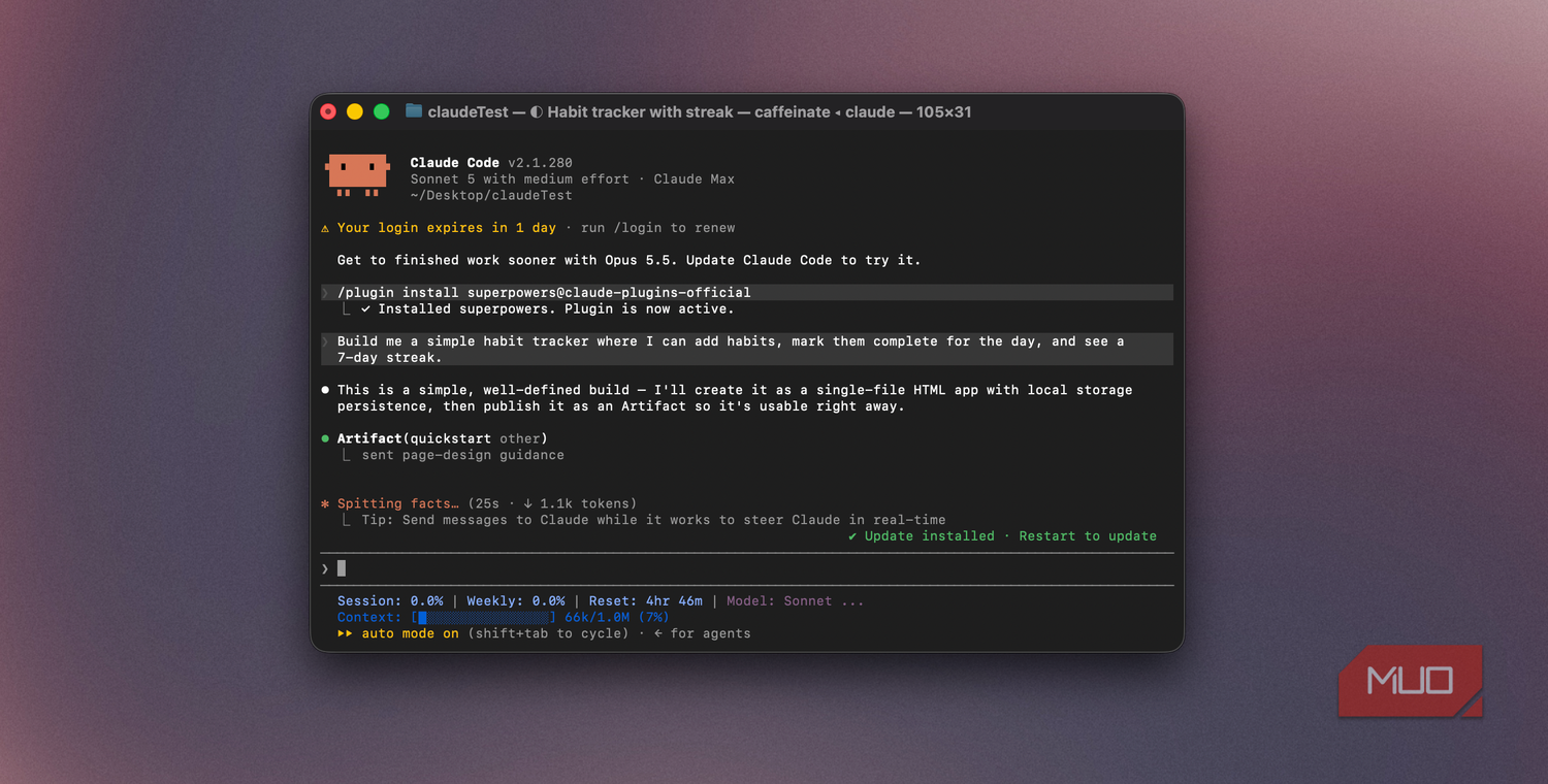 Claude Code terminal after installing the superpowers plugin, starting the habit tracker build-1