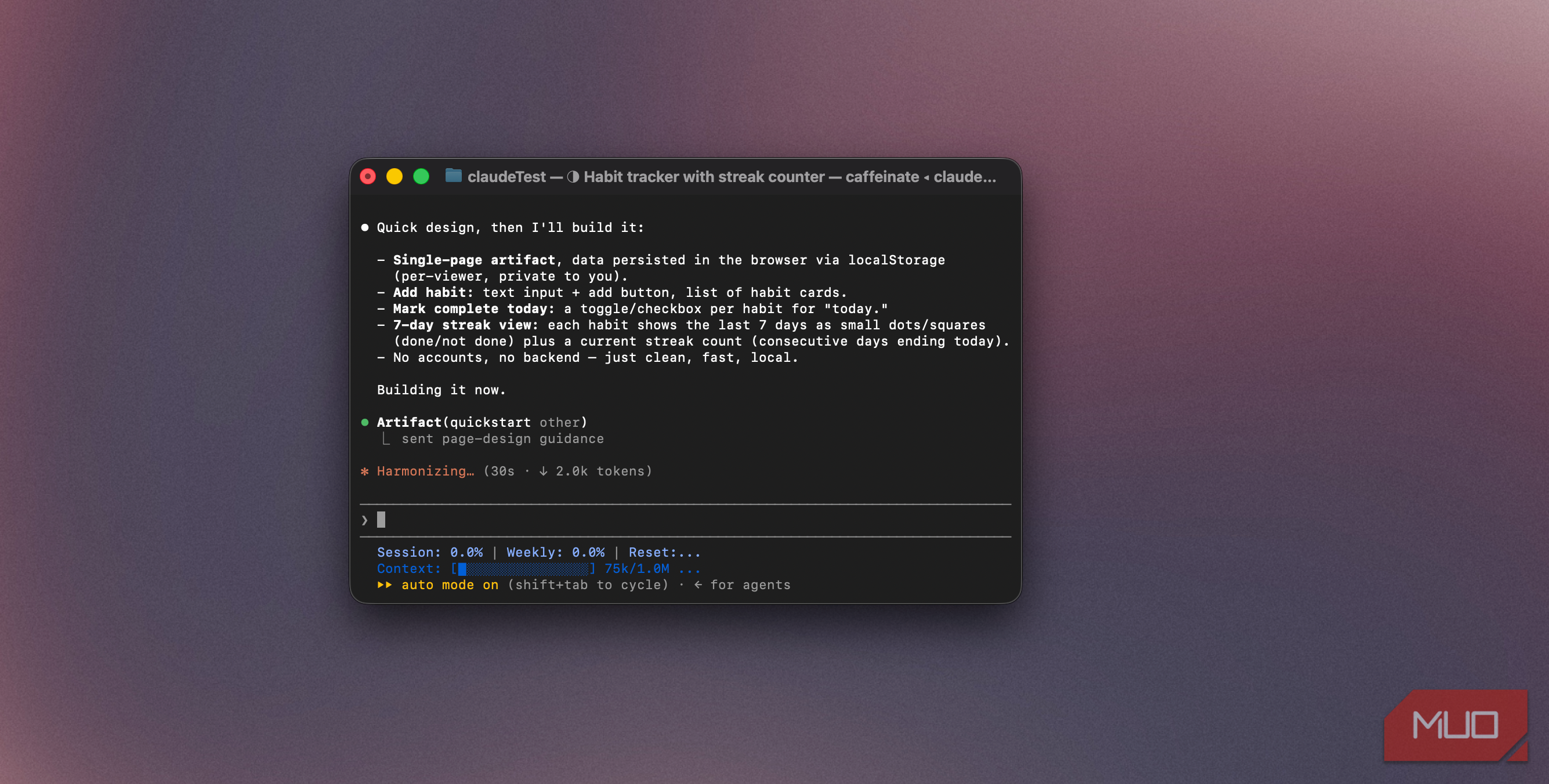 Claude Code terminal listing the habit tracker's design plan before building it-1