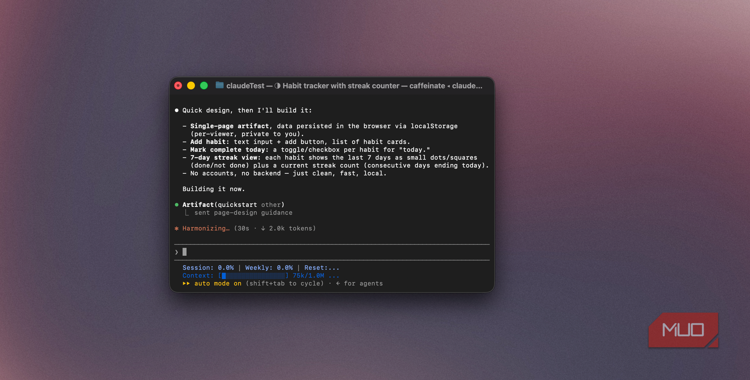 Claude Code terminal listing the habit tracker's design plan before building it-1