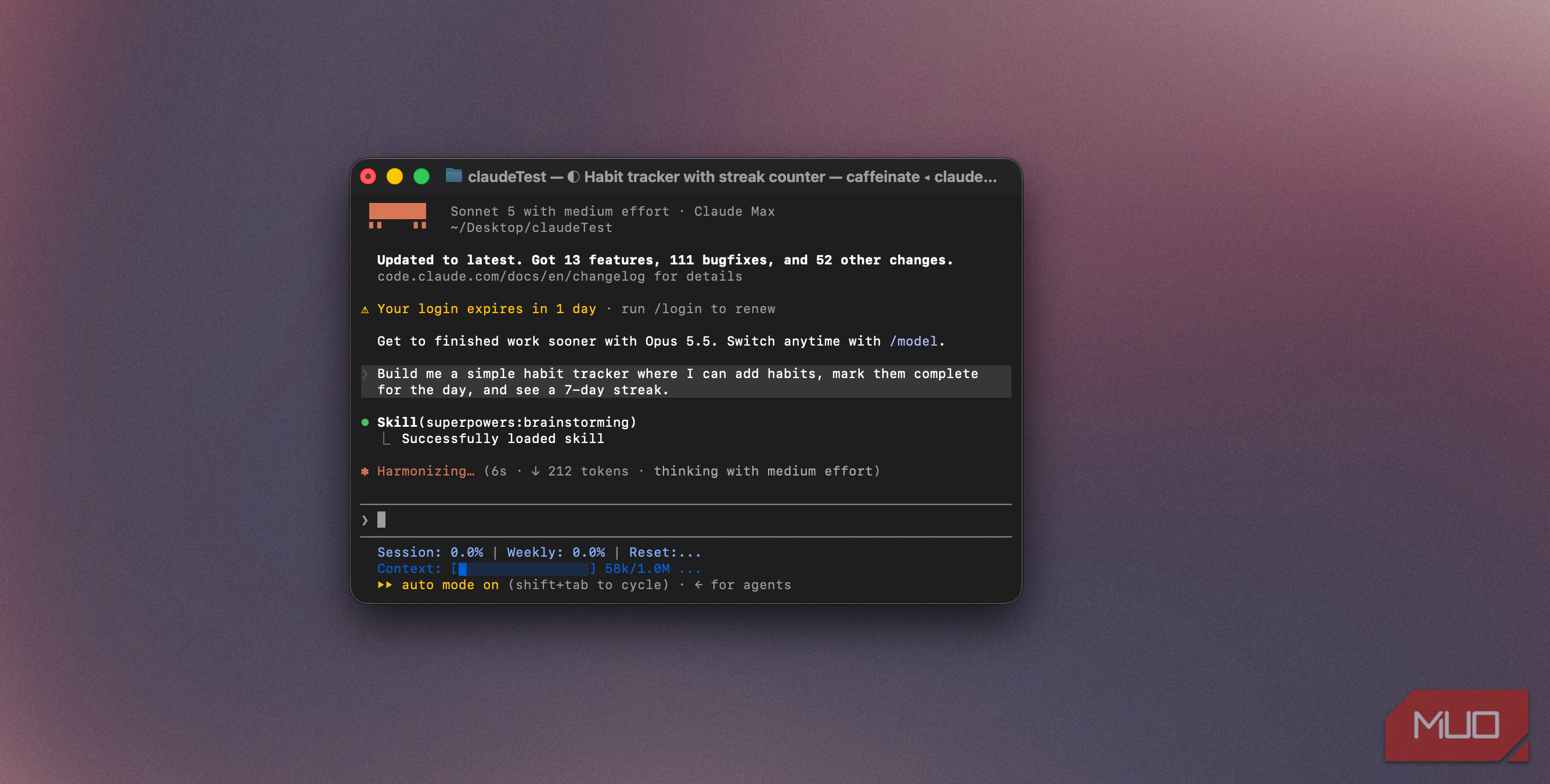 Claude Code terminal loading the brainstorming skill before building the habit tracker-1