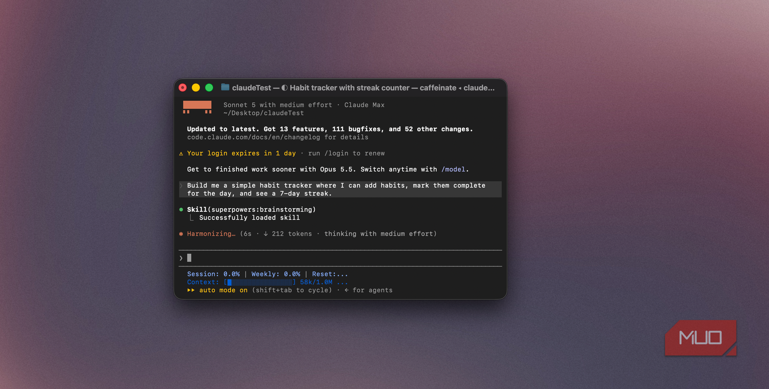 Claude Code terminal loading the brainstorming skill before building the habit tracker-1