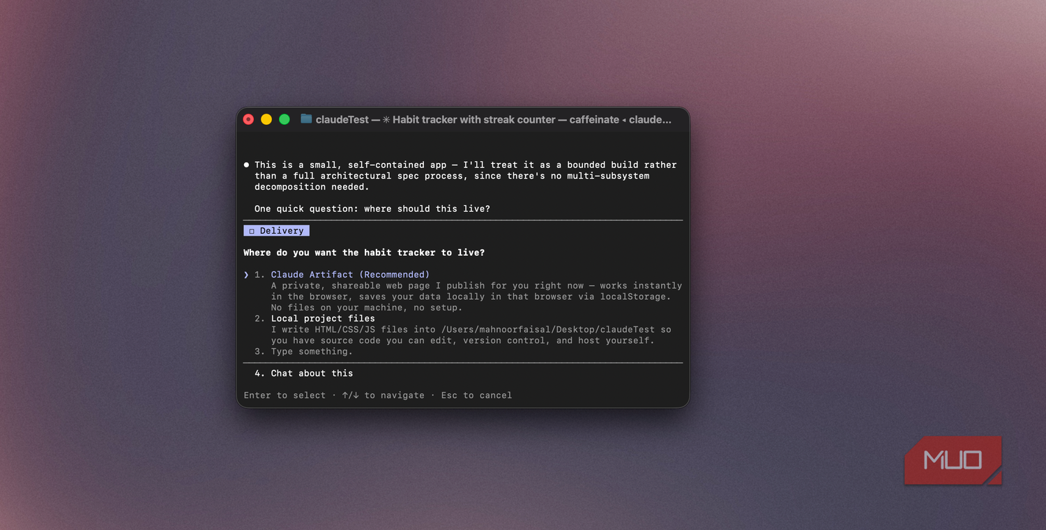 Claude Code terminal showing a prompt asking where to host the habit tracker, Artifact selected-1