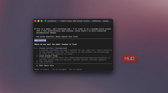 Claude Code terminal showing a prompt asking where to host the habit tracker, Artifact selected-1