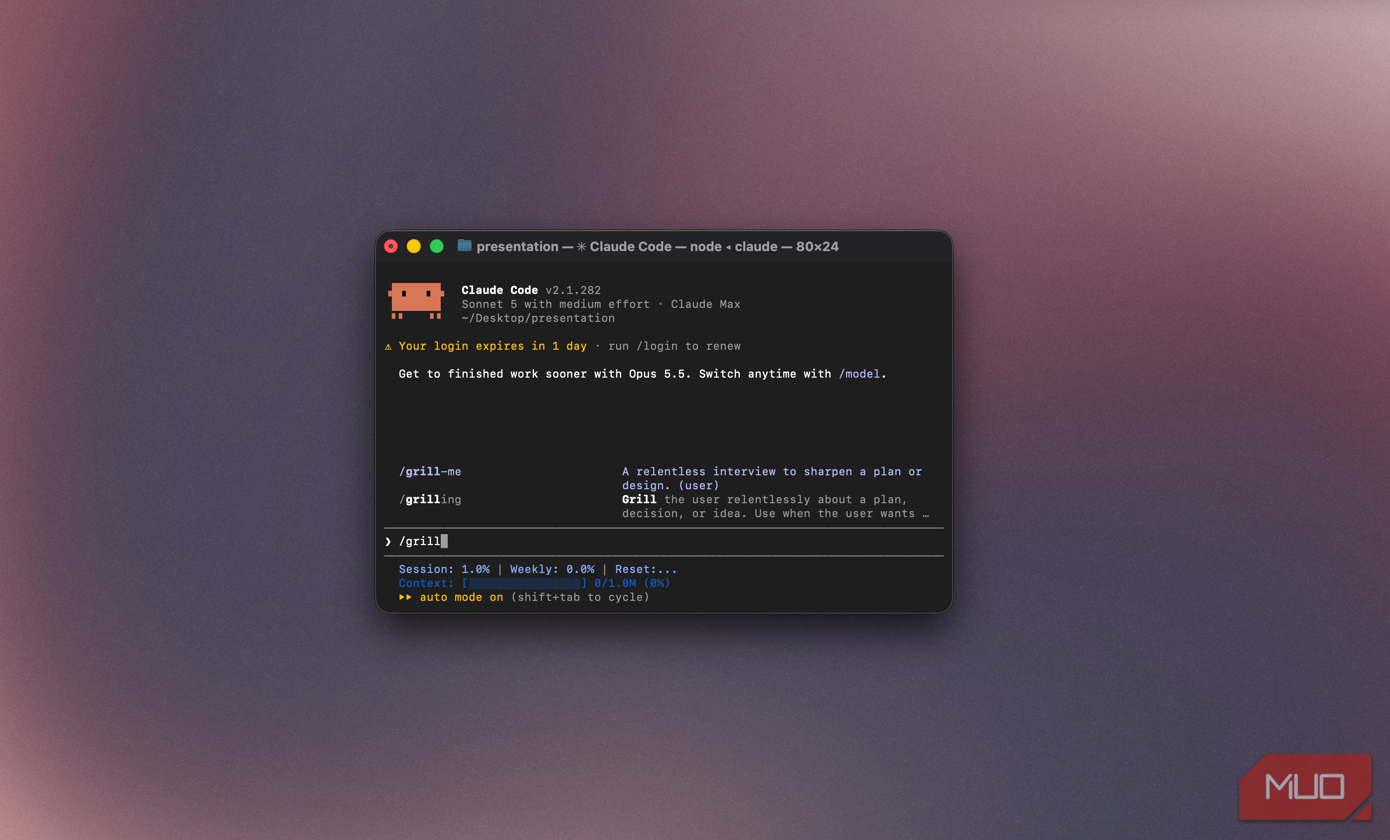 Claude Code terminal showing the grill slash command menu