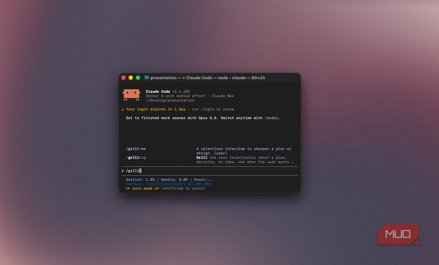 Claude Code terminal showing the grill slash command menu