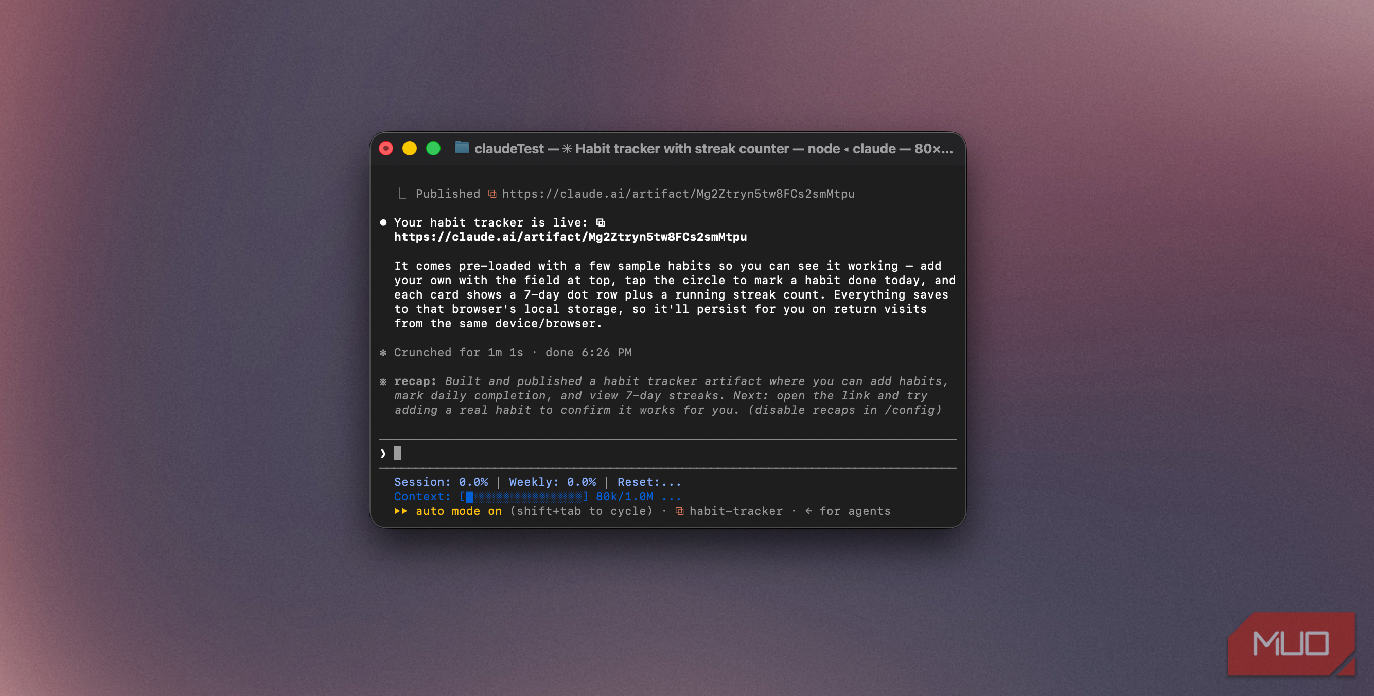 Claude Code terminal showing the published habit tracker artifact link and build recap-1