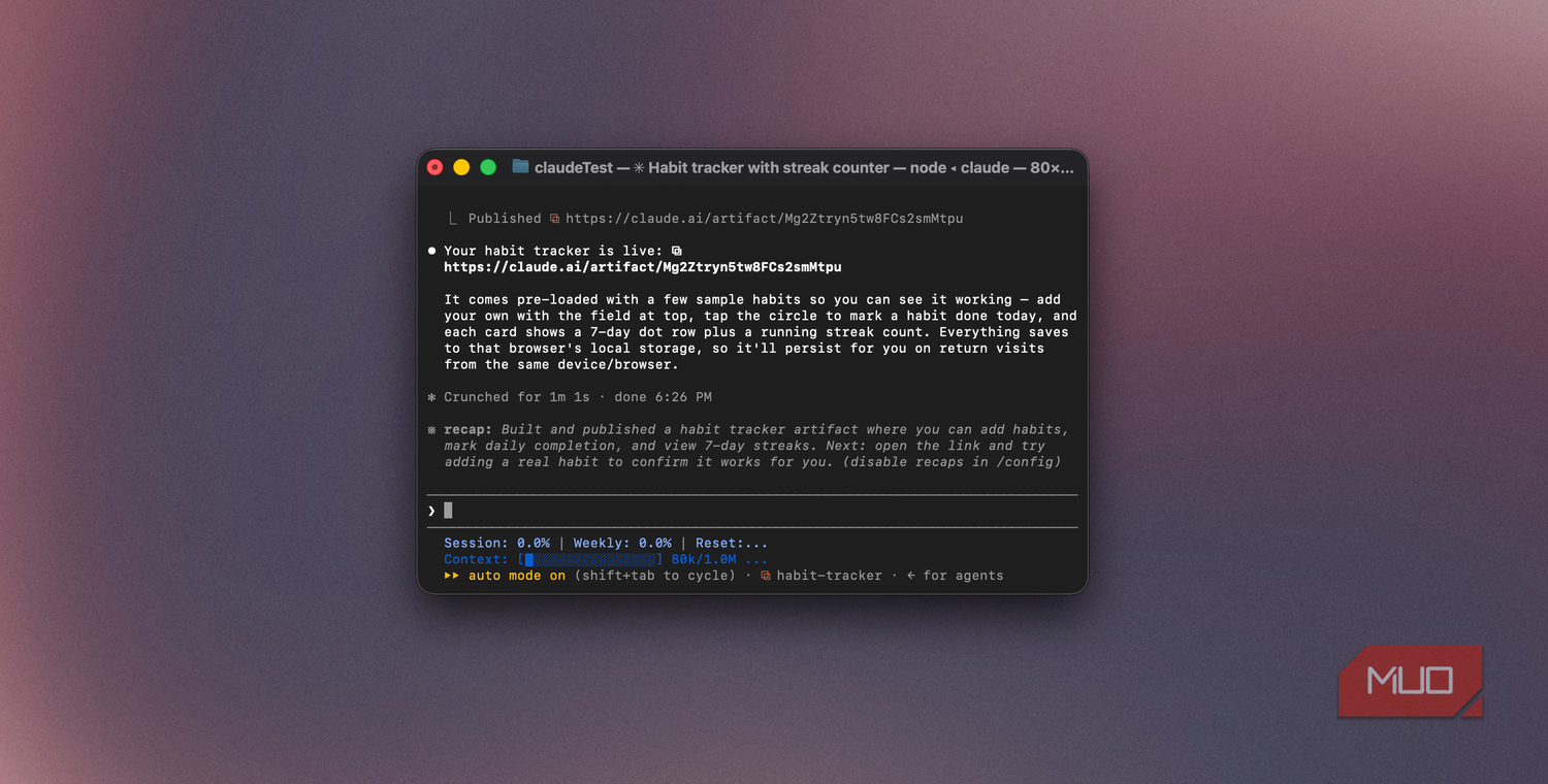 Claude Code terminal showing the published habit tracker artifact link and build recap-1