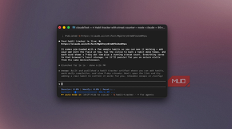 Claude Code terminal showing the published habit tracker artifact link and build recap-1