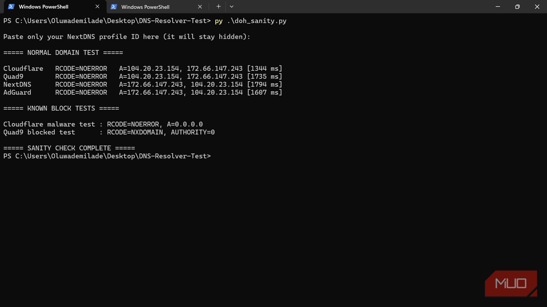 Clean DoH sanity check showing all four resolvers answering normally