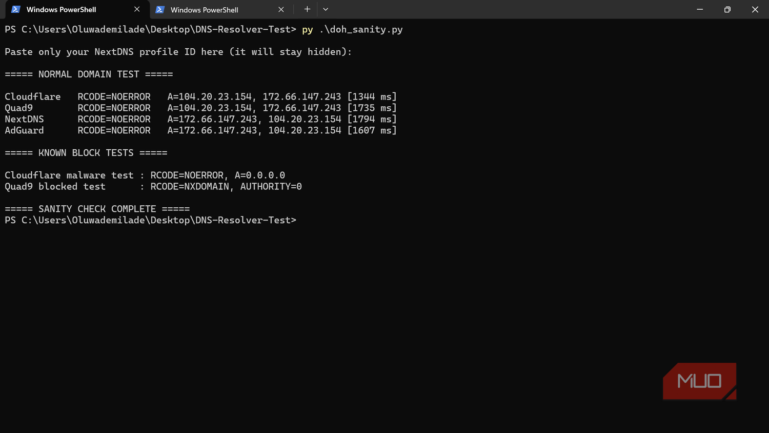 Clean DoH sanity check showing all four resolvers answering normally