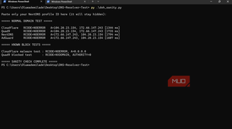 Clean DoH sanity check showing all four resolvers answering normally