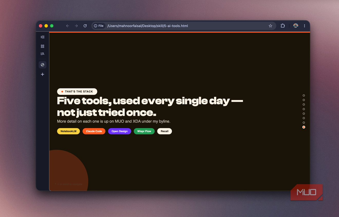 Closing slide listing all five tools NotebookLM, Claude Code, Open Design, Wispr Flow, Recall
