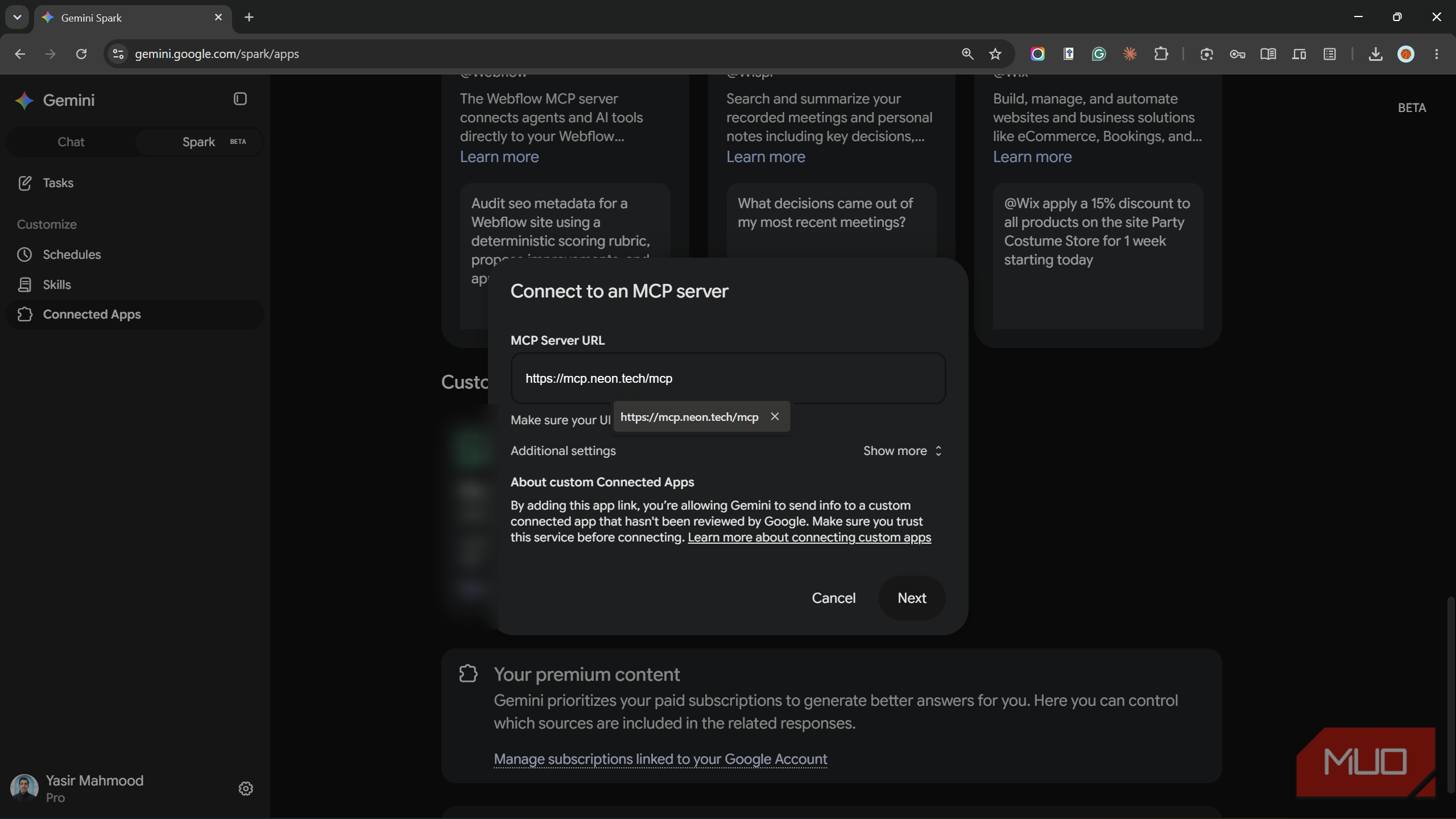 Connect to an MCP server dialog in Gemini Spark with the Neon endpoint.