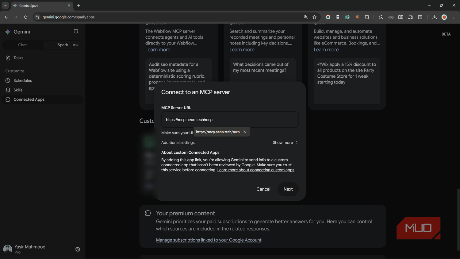 Connect to an MCP server dialog in Gemini Spark with the Neon endpoint.