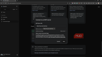Connect to an MCP server dialog in Gemini Spark with the Neon endpoint.