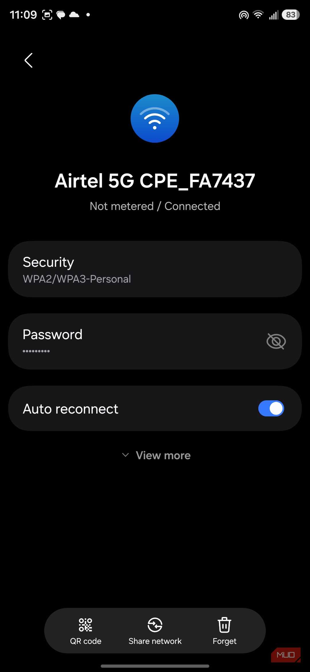 Connected wifi network settings screen on phone