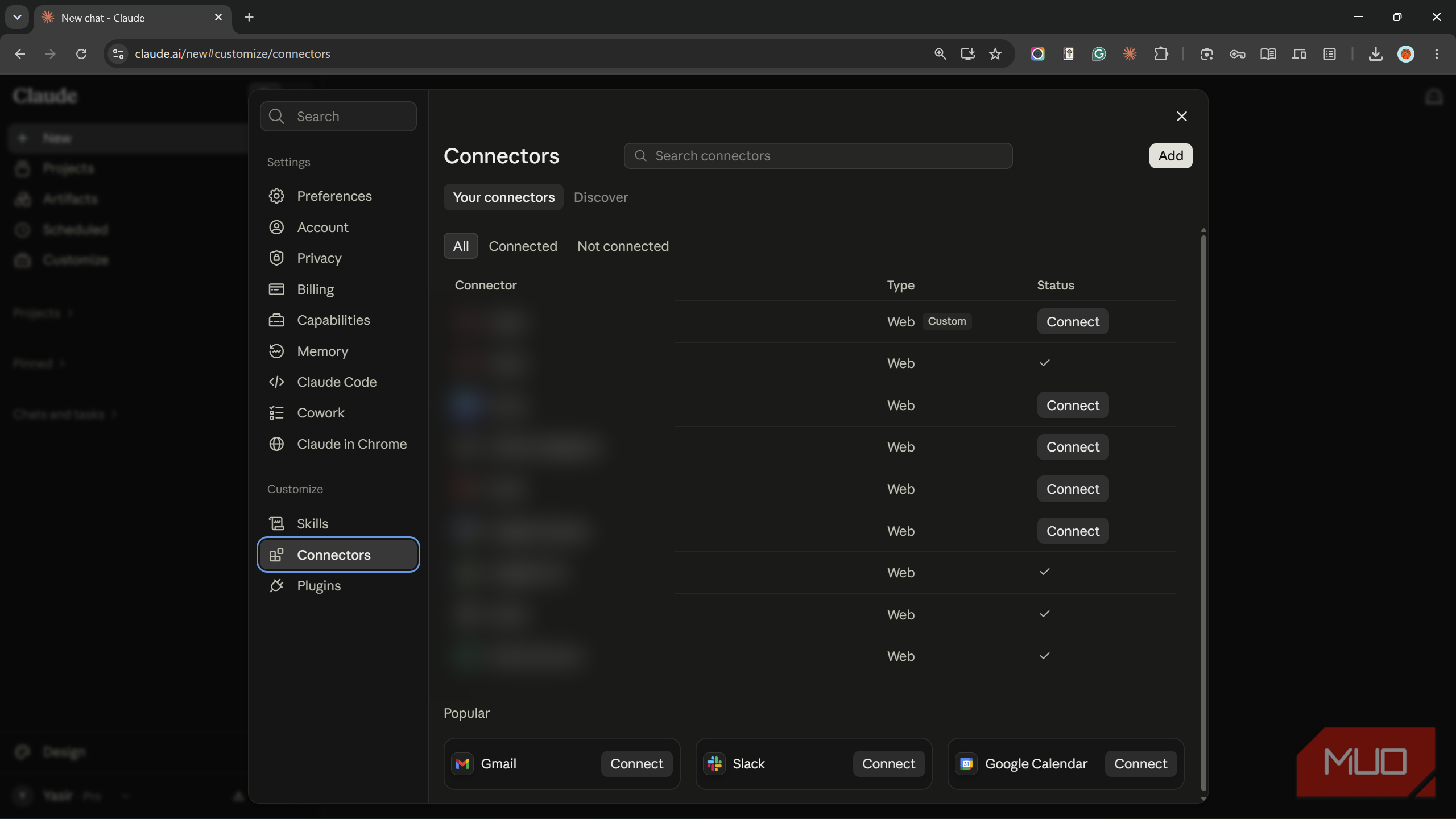 Connectors page in Claude settings with the Add button.