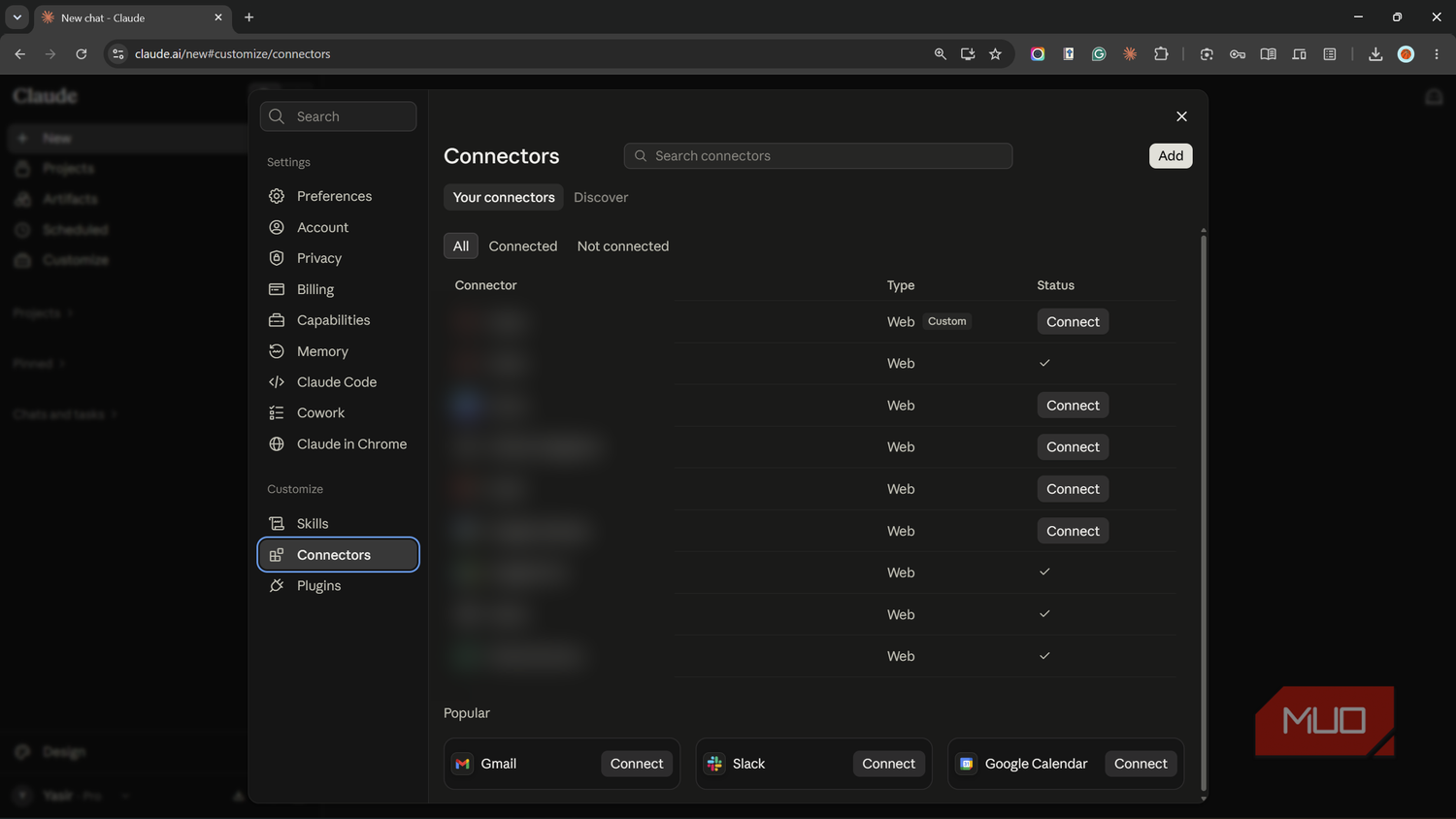 Connectors page in Claude settings with the Add button.
