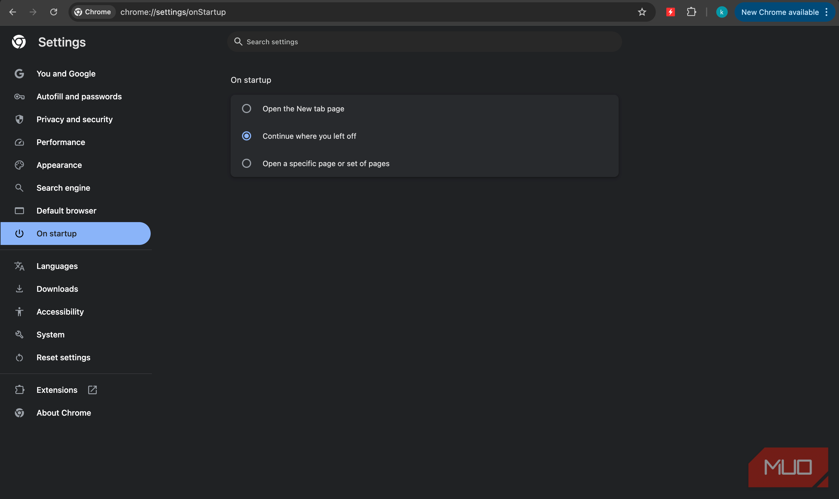 Интерфейс настроек запуска браузера Google Chrome
