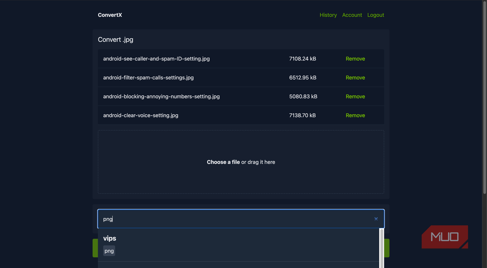convertX running on a web browser with files selected for conversion