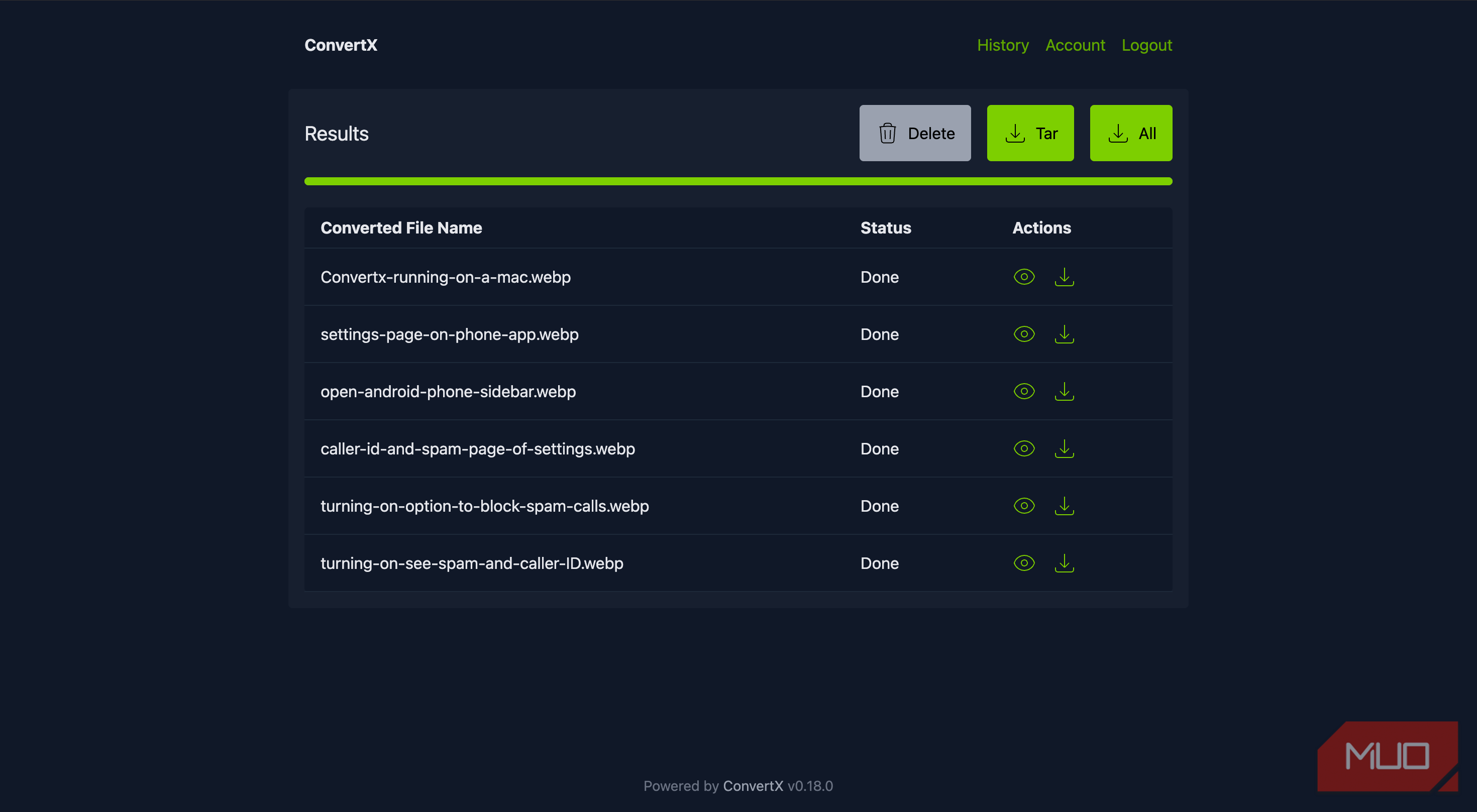 ConvertX showing the converted results