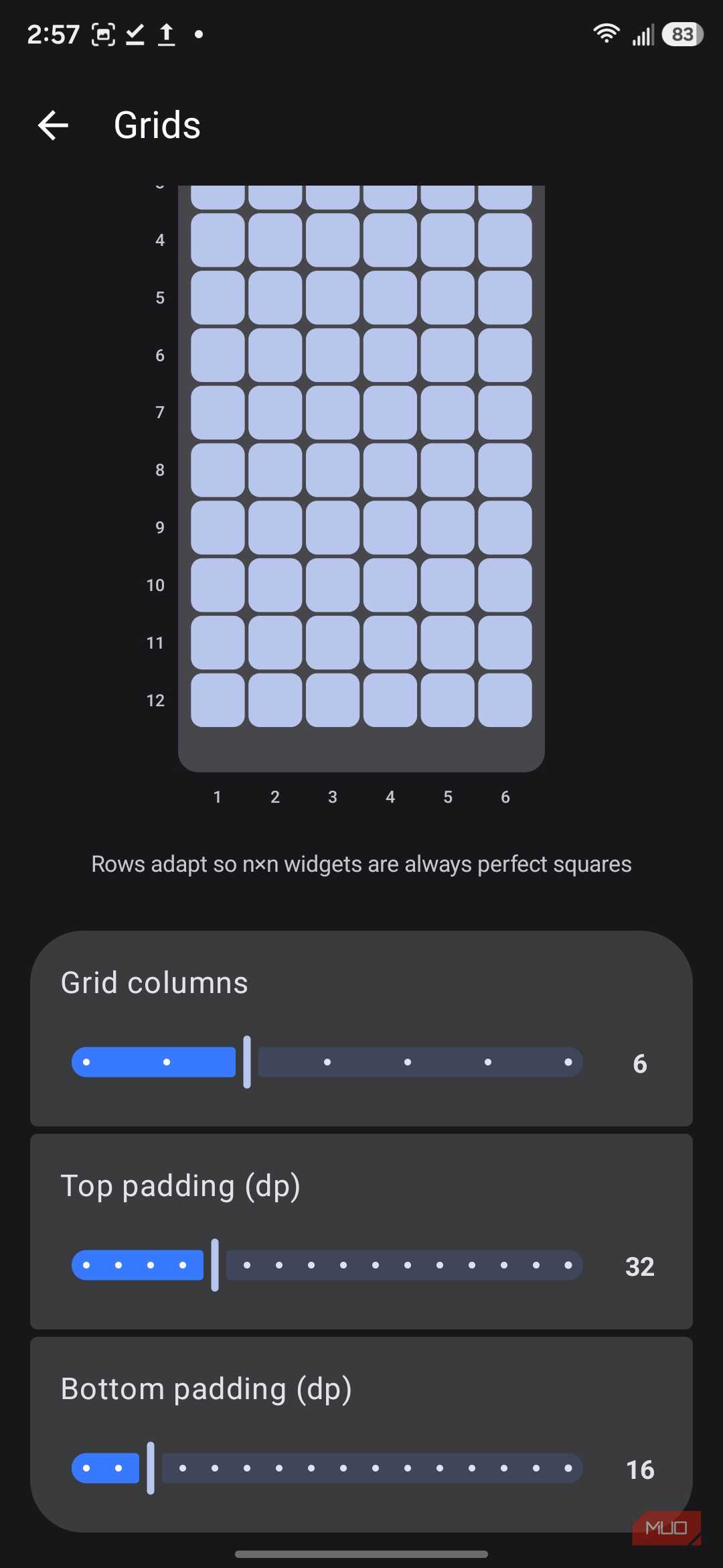 Default Launcher app settings for grid column and padding