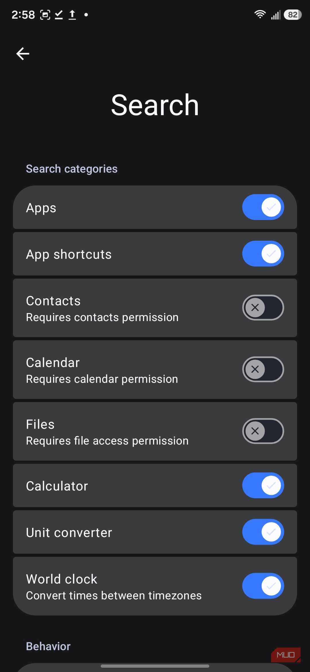 Default Launcher Search categories settings screen