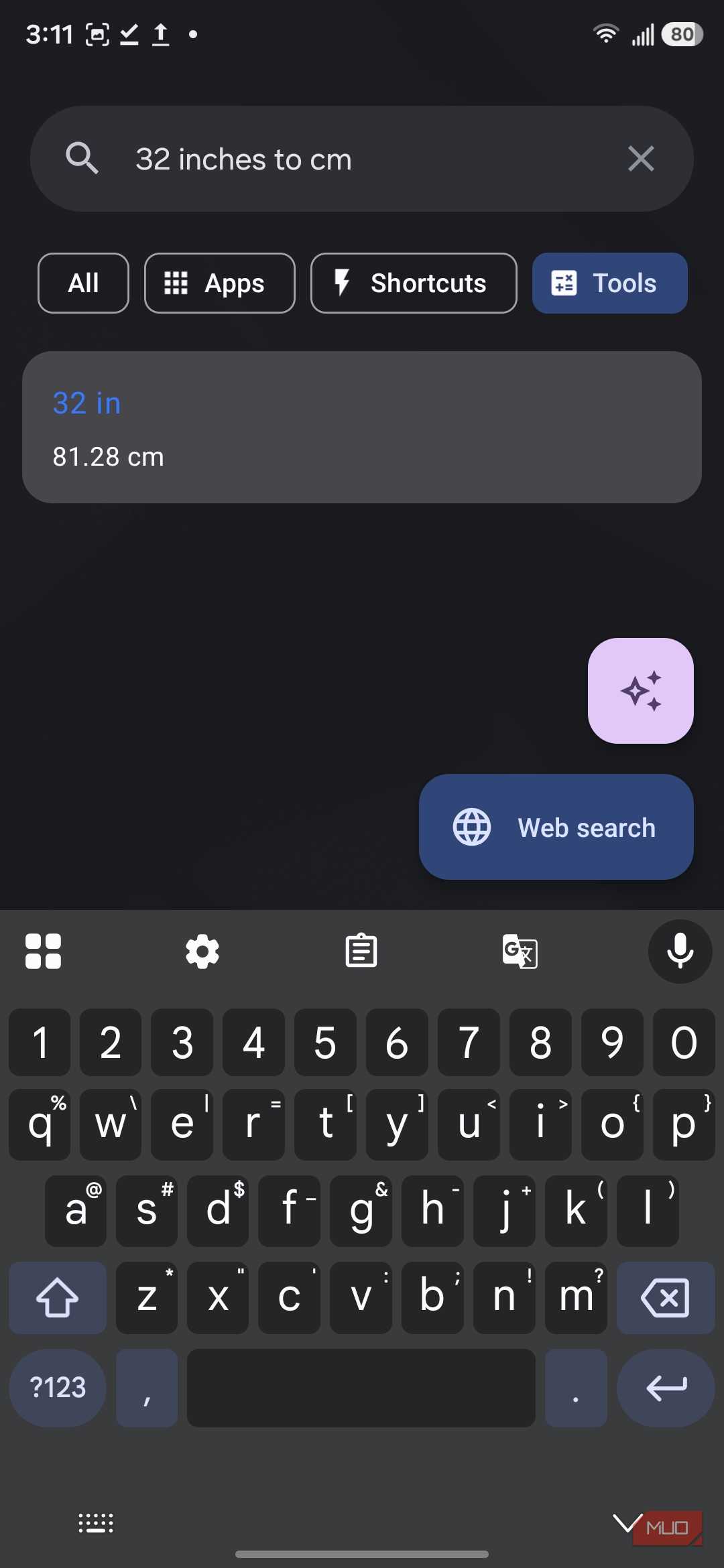 Default Launcher showing inch to centimeter conversion