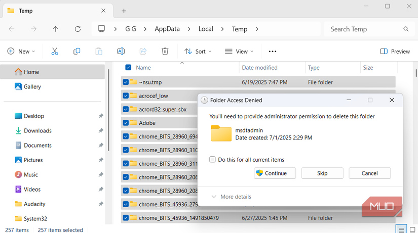 Delete prompt in the temp folder on Windows
