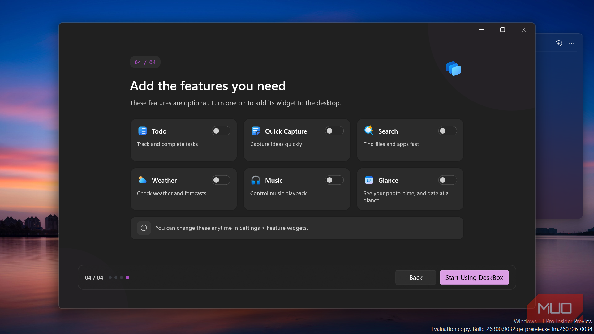 DeskBox app feature selection setup wizard window