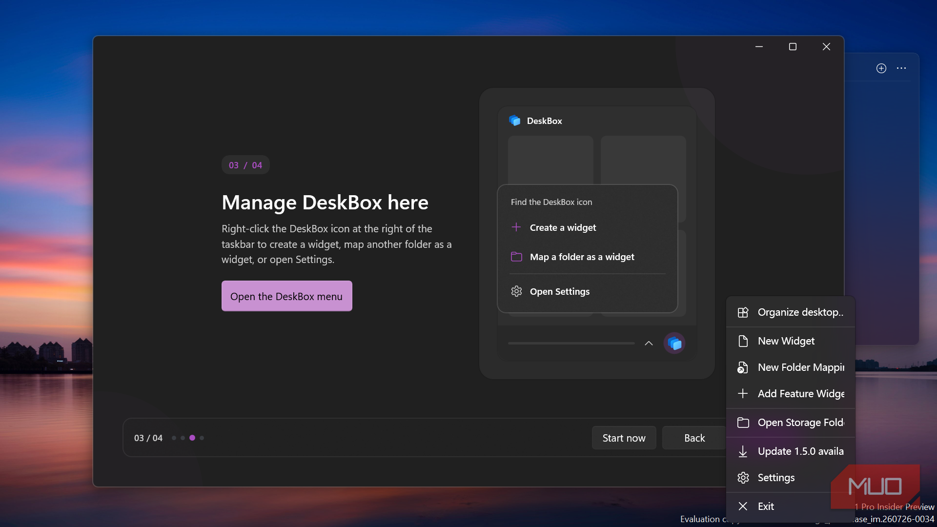 DeskBox app onboarding and menu screen