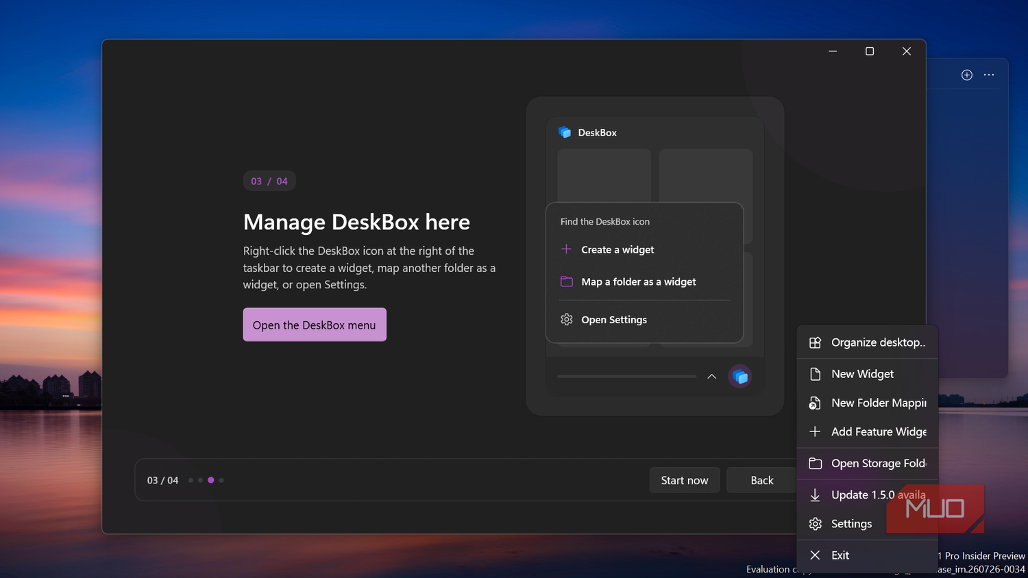 DeskBox app onboarding and menu screen