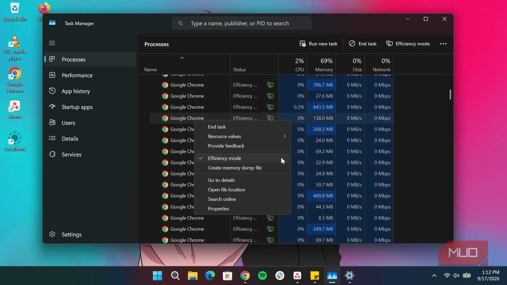 Disabling efficiency mode for Chrome in Windows Task Manager