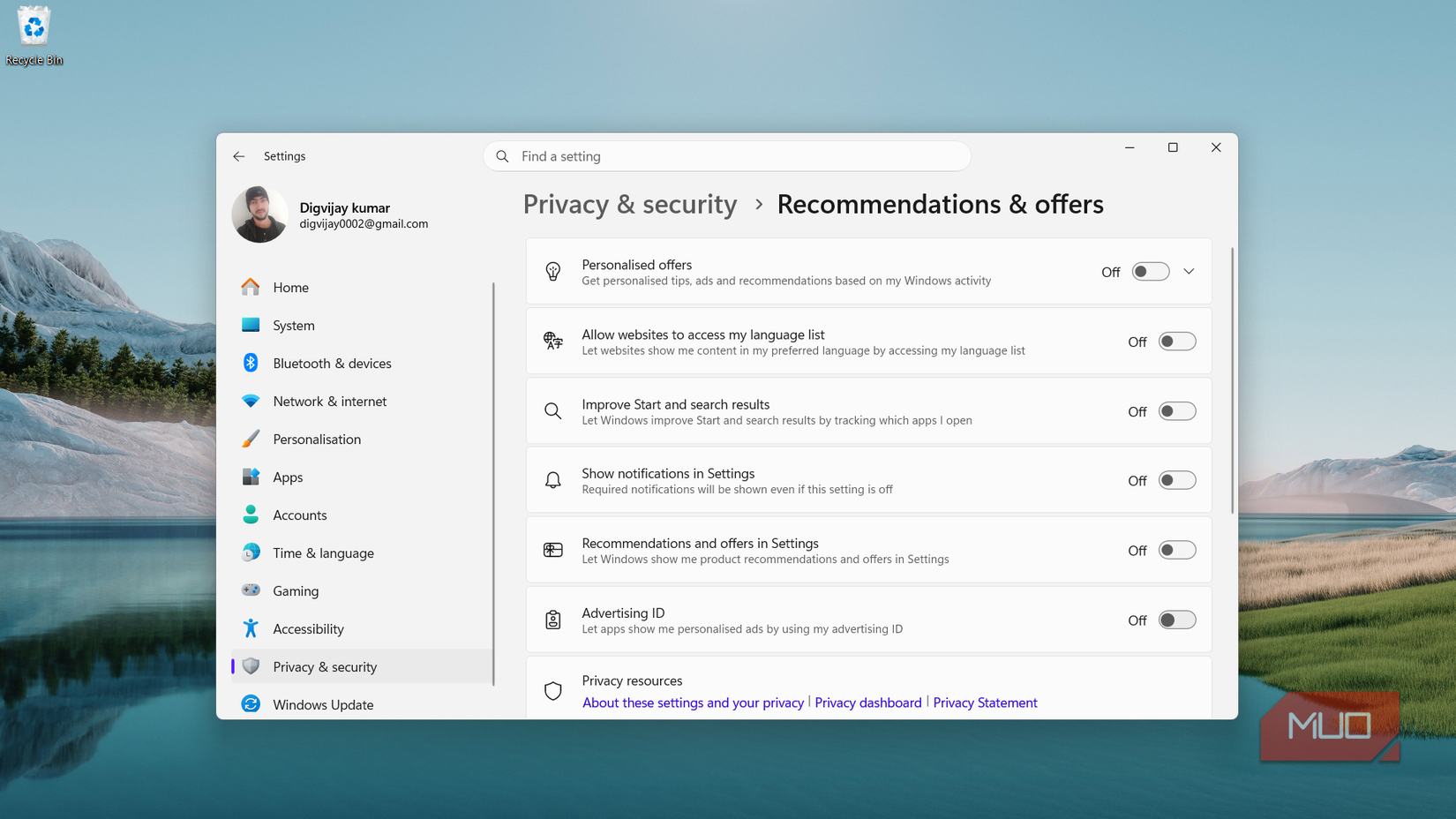 Disabling Recommendations and offers in Windows 11